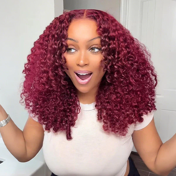 New In Luxury Wear Go 13x6 Burgundy 99J Color Burmese Curly Glueless Wig Lace Front Wig With Invisi Draw-strings 220% Density