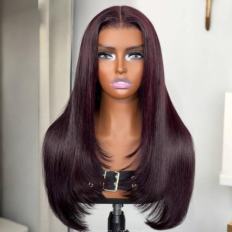 Blackcurrant Brunette 7x5 Lace Wear Go Glueless Layered Straight Human Hair Wig Dark Burgundy