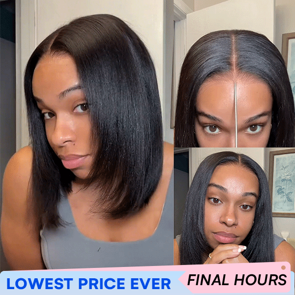 [Model Length = $83] Ultra Natural Wear Go Layered Cut Yaki Straight Invisi Draw Strings Silky Bob 9x6 Tpart Lace Glueless Wig | Classic & Chic