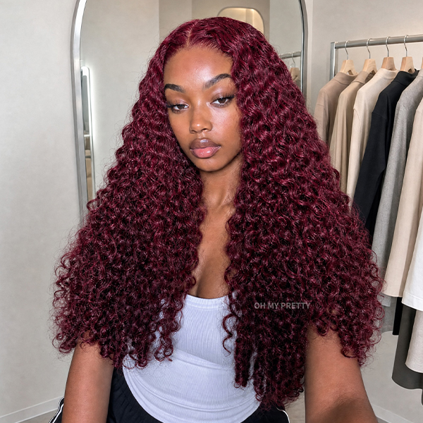 New In Luxury Wear Go 13x6 Burgundy 99J Color Burmese Curly Glueless Wig Lace Front Wig With Invisi Draw-strings 220% Density