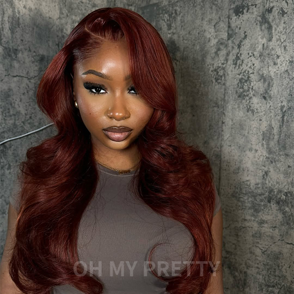 OhMyPretty Face-Framing Layers Reddish Brown Color Wear Go Upgraded Body Wave Glueless 7x5 Lace Wig With Pre-plucked Hairline