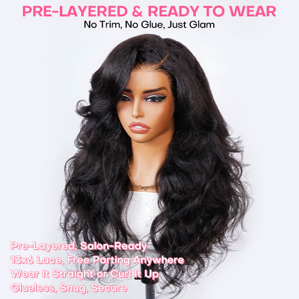 Luxury Wear Go 13x6 Kinky Straight Layered Cut Glueless Wig Lace Front Wig With Invisi Draw-string 250% Density