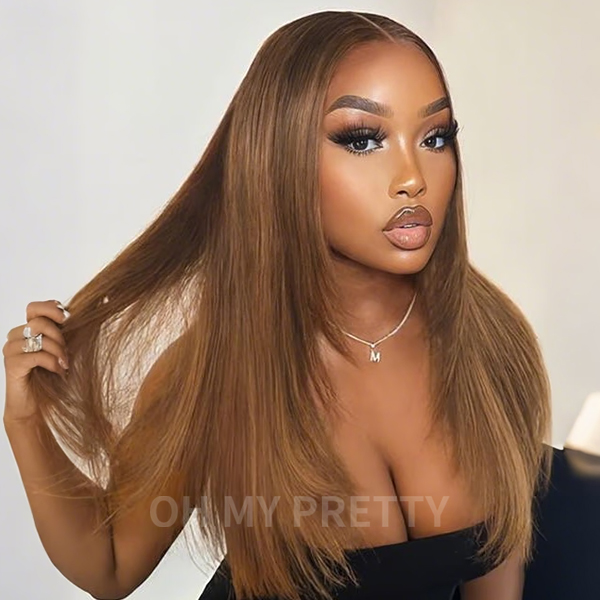 OhMyPretty Glueless Layered Cut Chestnut Brown Straight Wear Go 6x4 Lace Wigs Pre-Plucked Hairline Pre-Cut Lace Tiny Knots