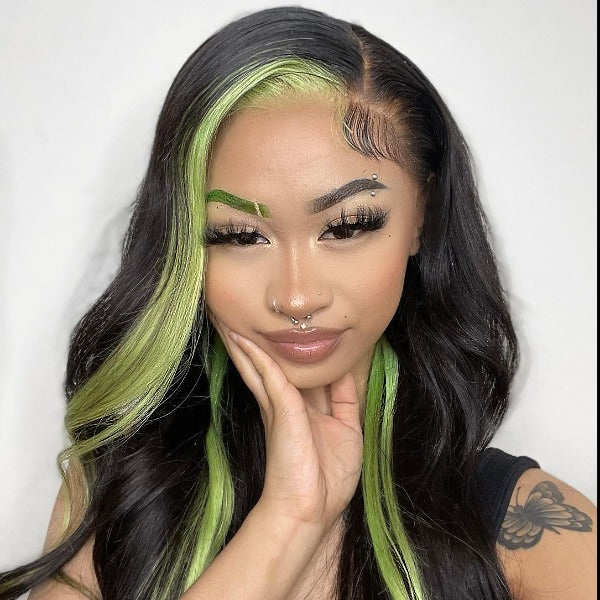 OhMyPretty Green With Black Colored Skunk Stripe Hairstyle Straight 13x4 Lace Front Wig