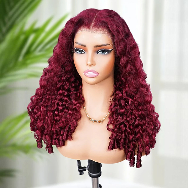 New In Luxury Wear Go 13x6 Burgundy 99J Color Burmese Curly Glueless Wig Lace Front Wig With Invisi Draw-strings 220% Density