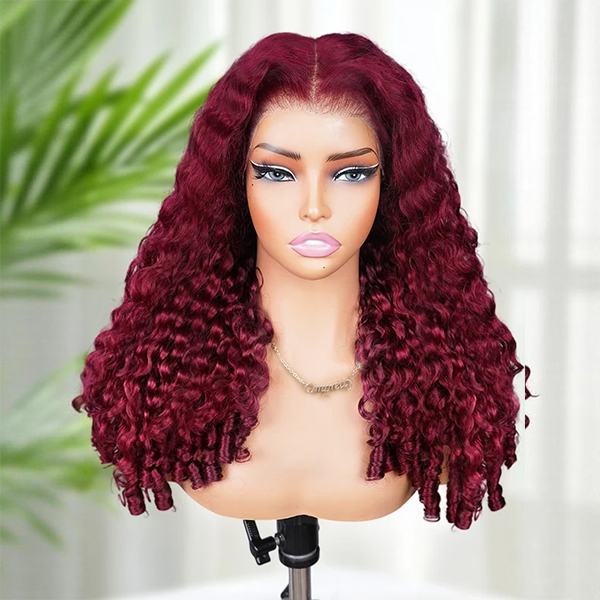 New In Luxury Wear Go 13x6 Burgundy 99J Color Burmese Curly Glueless Wig Lace Front Wig With Invisi Draw-strings 220% Density