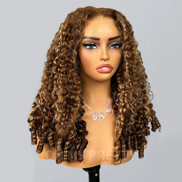 9x6 Burmese Curly Highlight Brown 4/27 Color M-cap Wear Go Glueless Wig Elastic Drawstring