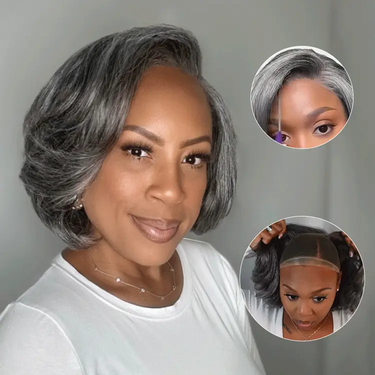 Boss Vibe Salt and Pepper Layered Bob Wear Go Glueless Pre-Cut Lace Grey Wig