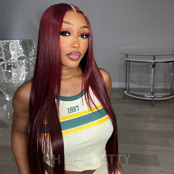 OhMyPretty Wear Go Glueless 99J Color Straight 6x4 Lace Wig With Pre-plucked Hairline Tiny Knots Pre-Cut Zig Zag Lace