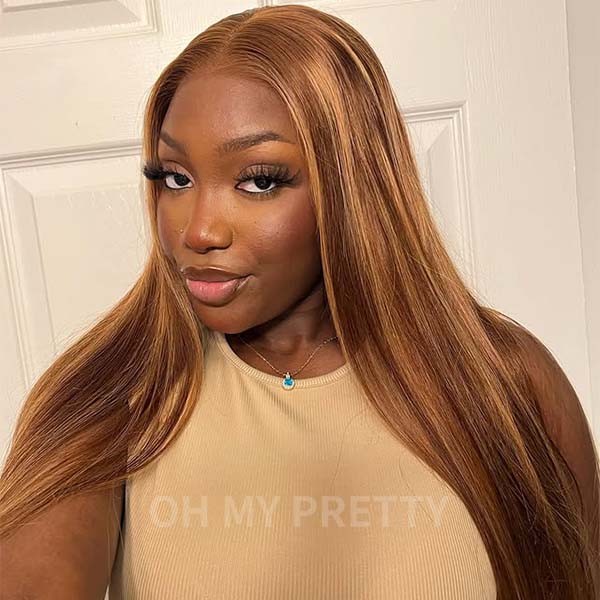 OhMyPretty Wear Go Glueless 9x6 Lace Highlight Brown Straight Wig M Cap Super Natural Hairline Silky Human Hair  Mini Knots Pre plucked & Pre Cut
