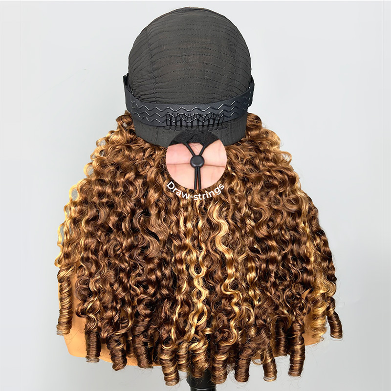 9x6 Burmese Curly Highlight Brown 4/27 Color M-cap Wear Go Glueless Wig Elastic Drawstring