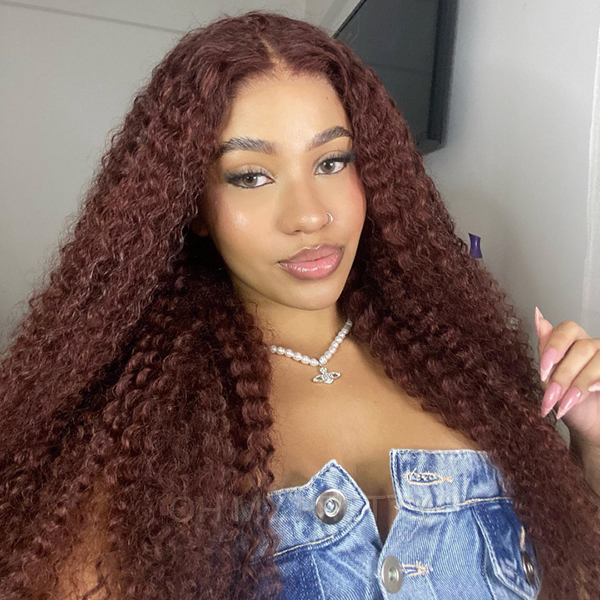 Wear Go Glueless Reddish Brown Color Kinky Curly 6x4 Lace Wig With Pre-plucked Hairline