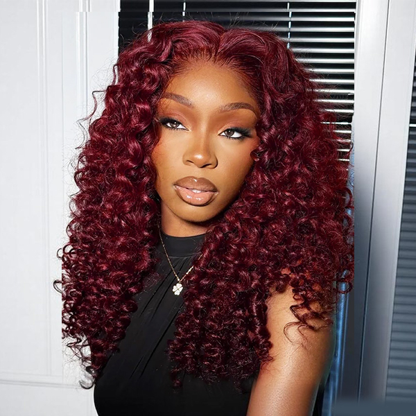 New In Luxury Wear Go 13x6 Burgundy 99J Color Burmese Curly Glueless Wig Lace Front Wig With Invisi Draw-strings 220% Density