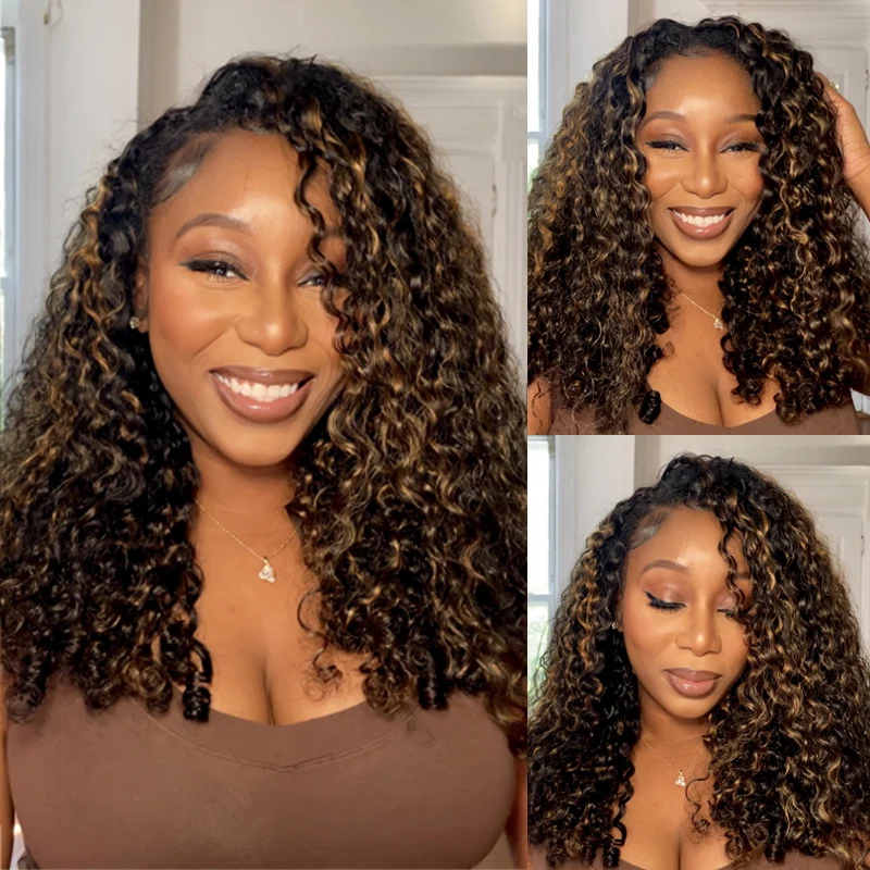 OhMyPretty 1B/30 Highlight Burmese Curly Wear Go Half Wig Flip Over Wig Invisible Hairline Draw-strings For Beginner