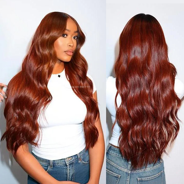 OhMyPretty Wear Go Glueless Reddish Brown Color Body Wave 7x5 Lace Wig With Pre-Plucked Realistic Hairline Pre-Cut Zig Zag Lace Mini Knots