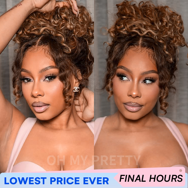 OMpretty Highlight Brown Water Wave 360 Wear Go Wig Invisi Draw Strings Pre-Cut Lace Glueless Wigs