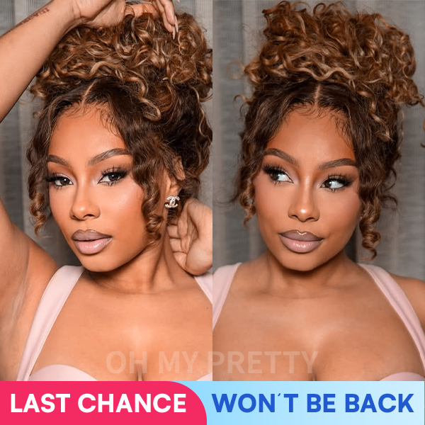 OMpretty Highlight Brown Water Wave 360 Wear Go Wig Invisi Draw Strings Pre-Cut Lace Glueless Wigs