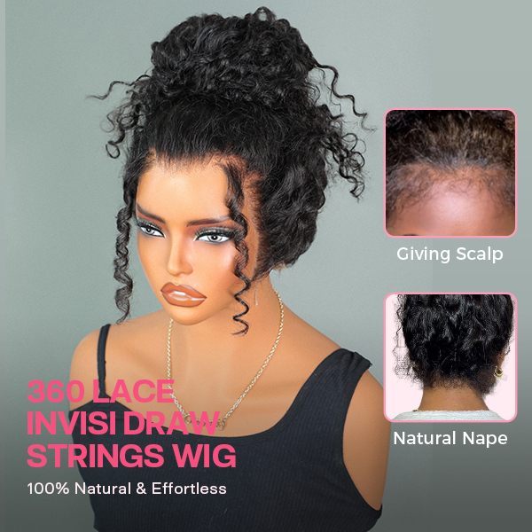 OMpretty 360 Water Wave Invisi Draw Strings Wear Go Glueless Pre-Bleached And Pre-Cut Lace Human Hair Wig