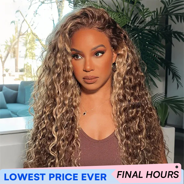Side Part Honey Blonde Light Highlight Wear Go Glueless Water Wave Wig 7x5 Pre-cut Pre-plucked Bleached Knots Wig