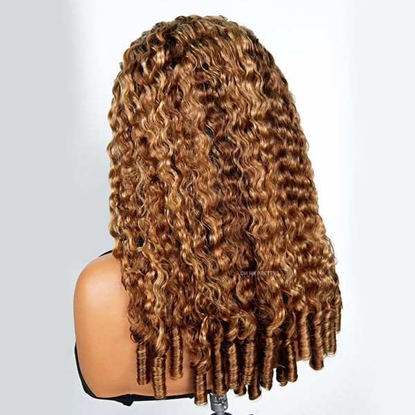 OhMyPretty Burmese Curly Highlight 4/27 Color  Wear Go Half Wig Flip Over Wig Invisible Hairline Draw-strings For Beginner