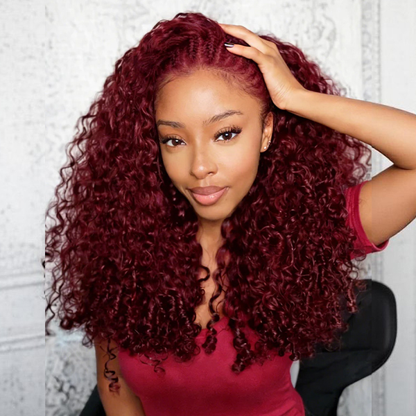 New In Luxury Wear Go 13x6 Burgundy 99J Color Burmese Curly Glueless Wig Lace Front Wig With Invisi Draw-strings 220% Density
