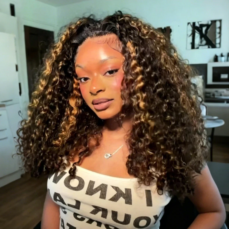OhMyPretty 1B/30 Highlight Burmese Curly Wear Go Half Wig Flip Over Wig Invisible Hairline Draw-strings For Beginner