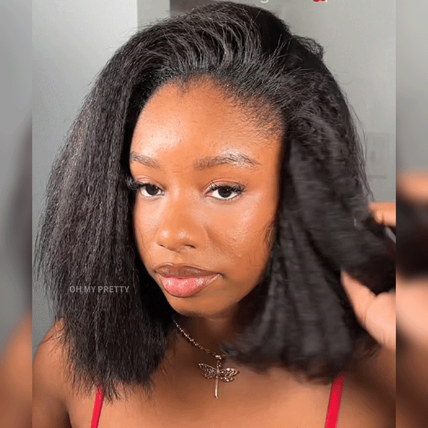 OhMyPretty Blowout Bob Kinky Straight Wear Go Half Wig Flip Over Wig Invisible Hairline Draw-strings Blend & Secure For Beginner 