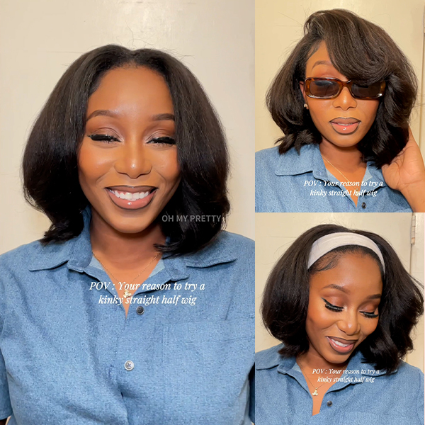 OhMyPretty Blowout Bob Kinky Straight Wear Go Half Wig Flip Over Wig Invisible Hairline Draw-strings Blend & Secure For Beginner 