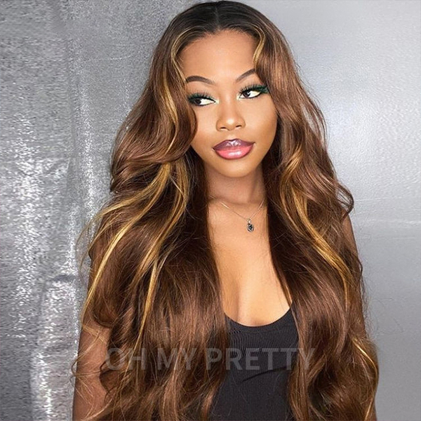 Honey Blonde Highlight Layered Cut Body Wave Wear Go Glueless 7x5 Closure Lace Human Hair Wig Pre-Cut Lace