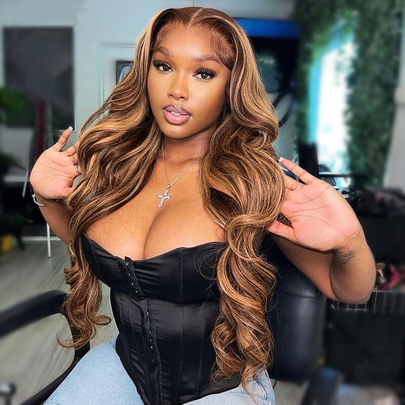 OhMyPretty Wear Go Highlight Brown Glueless  6x4 Lace Body Wave Wig Breathable Cap Human Hair Pre plucked &Pre Bleached & Pre Cut