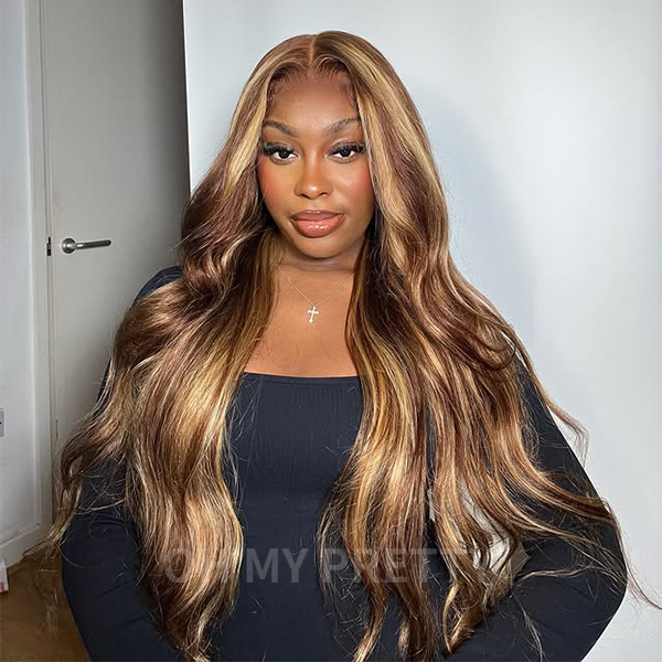 OhMyPretty Wear Go Glueless Highlight Brown Body Wave 7x5 Lace Wig With Pre-plucked Hairline Tiny Knots Pre-Cut Zig Zag Lace