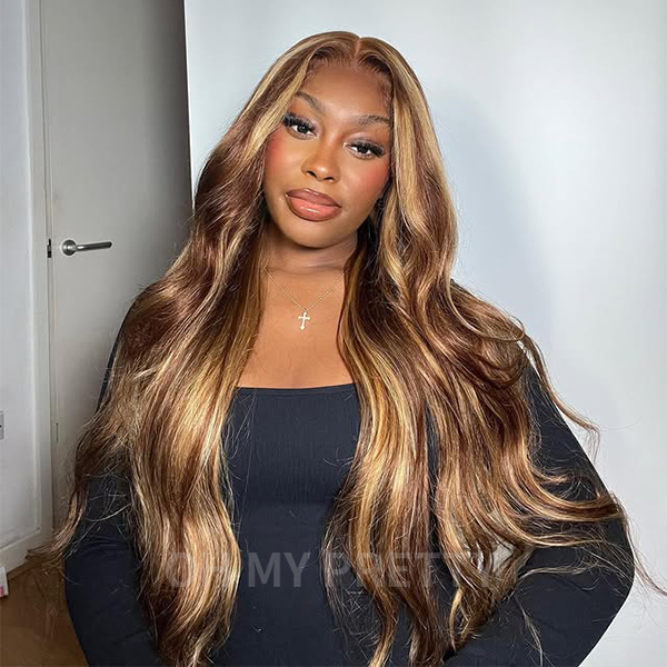 OhMyPretty Wear Go Glueless Highlight Brown Body Wave 7x5 Lace Wig With Pre-plucked Hairline Tiny Knots Pre-Cut Zig Zag Lace