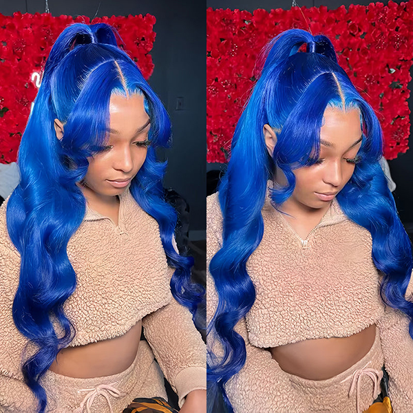 Blue Colored Body Wave Lace Front Wig With Pre-plucked Edges