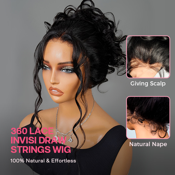 OMpretty 360 Body Wave Invisi Draw Strings Wear Go Glueless Pre-Bleached And Pre-Cut Lace Human Hair Wig