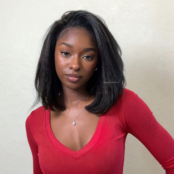 OhMyPretty Blowout Bob Perm Straight Wear Go Half Wig Flip Over Wig Invisible Hairline Draw-strings Blend & Secure For Beginner 
