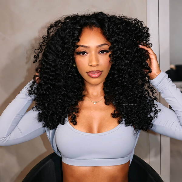  OhMyPretty Burmese Curly Wear Go Half Wig Invisi Draw Strings Glueless Wig for Beginners Human Hair