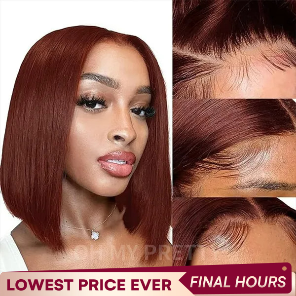 250% Density Reddish Brown Color Wear Go Glueless  Straight 7x5 Lace Bob Wig With Pre-plucked Hairline Pre-Cut Lace