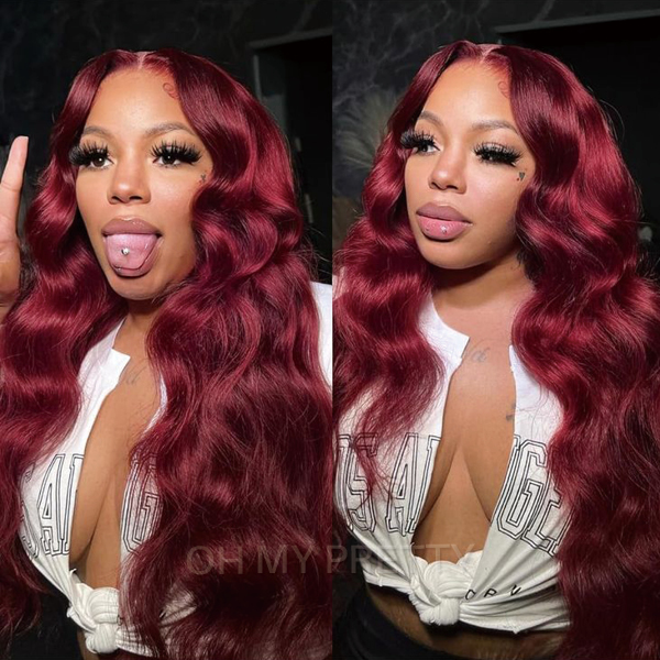 OhMyPretty 99J Burgundy Body Wave 13*4 Lace Front Wig with Pre-plucked Edges