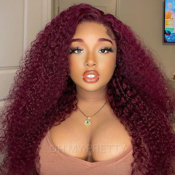 Burgundy Kinky Curly 13x4 Lace Front Wig With Pre-plucked Edges