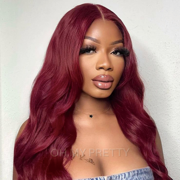 OhMyPretty Wear Go Glueless 99J Color Body Wave 6x4 Lace Wig With Pre-plucked Hairline Tiny Knots Pre-Cut Zig Zag Lace