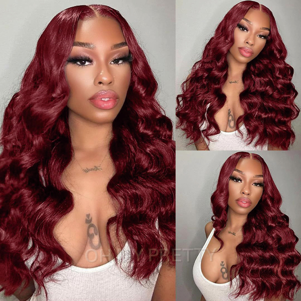 OhMyPretty Wear Go Glueless 99J Color Body Wave 6x4 Lace Wig With Pre-plucked Hairline Tiny Knots Pre-Cut Zig Zag Lace