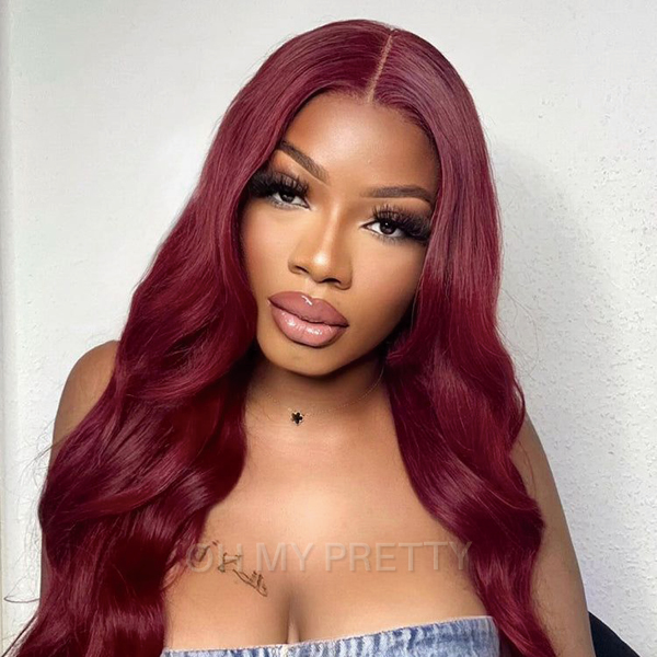 OhMyPretty Wear Go Glueless 99J Color Body Wave 6x4 Lace Wig With Pre-plucked Hairline Tiny Knots Pre-Cut Zig Zag Lace