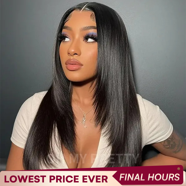 OhMyPretty Glueless Layered Cut Straight Wear Go 6x4 Lace Wigs Pre-Plucked Hairline Pre-Cut Lace Tiny Knots 100% Human Hair