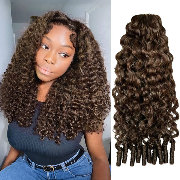 Chocolate Brown #4 Burmese Curly Color Crochet Hair Extension Pre-Separated Miracle Knots 100% Human Hair 
