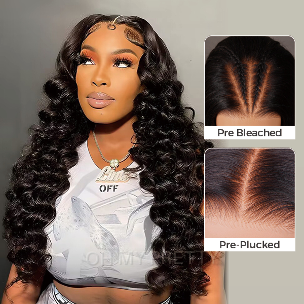 OhMyPretty Bleach Knots Glueless Loose Deep Wave Wear Go 6x4 HD Lace Wig With Pre-Cut HD Lace Pre-Plucked Realistic Hairline Tiny Knots
