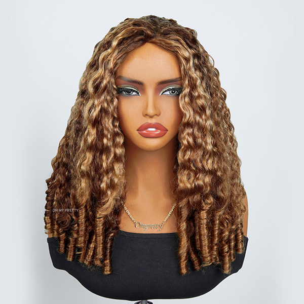 OhMyPretty Burmese Curly Highlight 4/27 Color  Wear Go Half Wig Flip Over Wig Invisible Hairline Draw-strings For Beginner