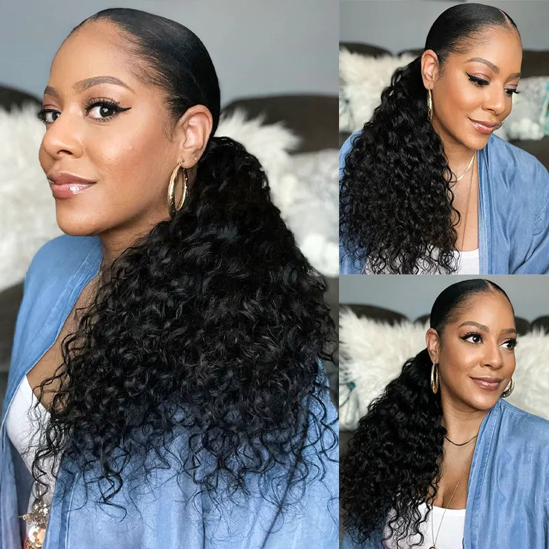 OhMyPretty Water Wave Drawstring Ponytail With InvisiFit Strap 100% Human Hair Extension