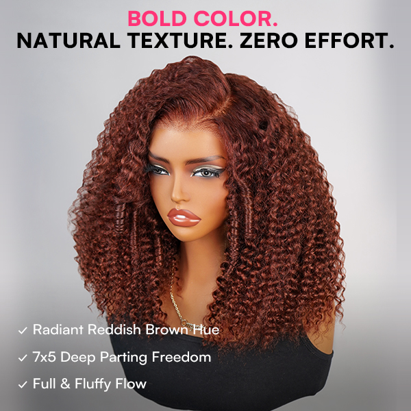 Wear Go Glueless Reddish Brown Color Kinky Curly 7x5 Lace Wig With Pre-plucked Hairline