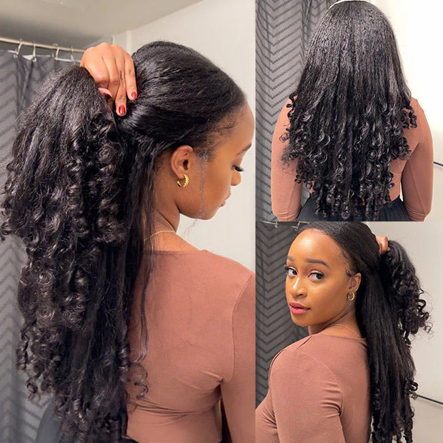OhMyPretty Wear Go Half Wig 3 IN 1 Kinky Straight With Spiral Curly Ends Flip Over Wig For Beginner Invisible Hairline