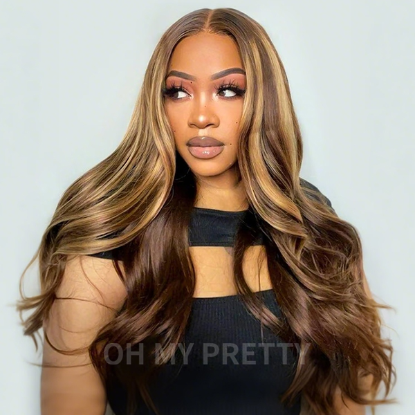 OhMyPretty Wear Go Glueless Highlight Brown Body Wave 7x5 Lace Wig With Pre-plucked Hairline Tiny Knots Pre-Cut Zig Zag Lace